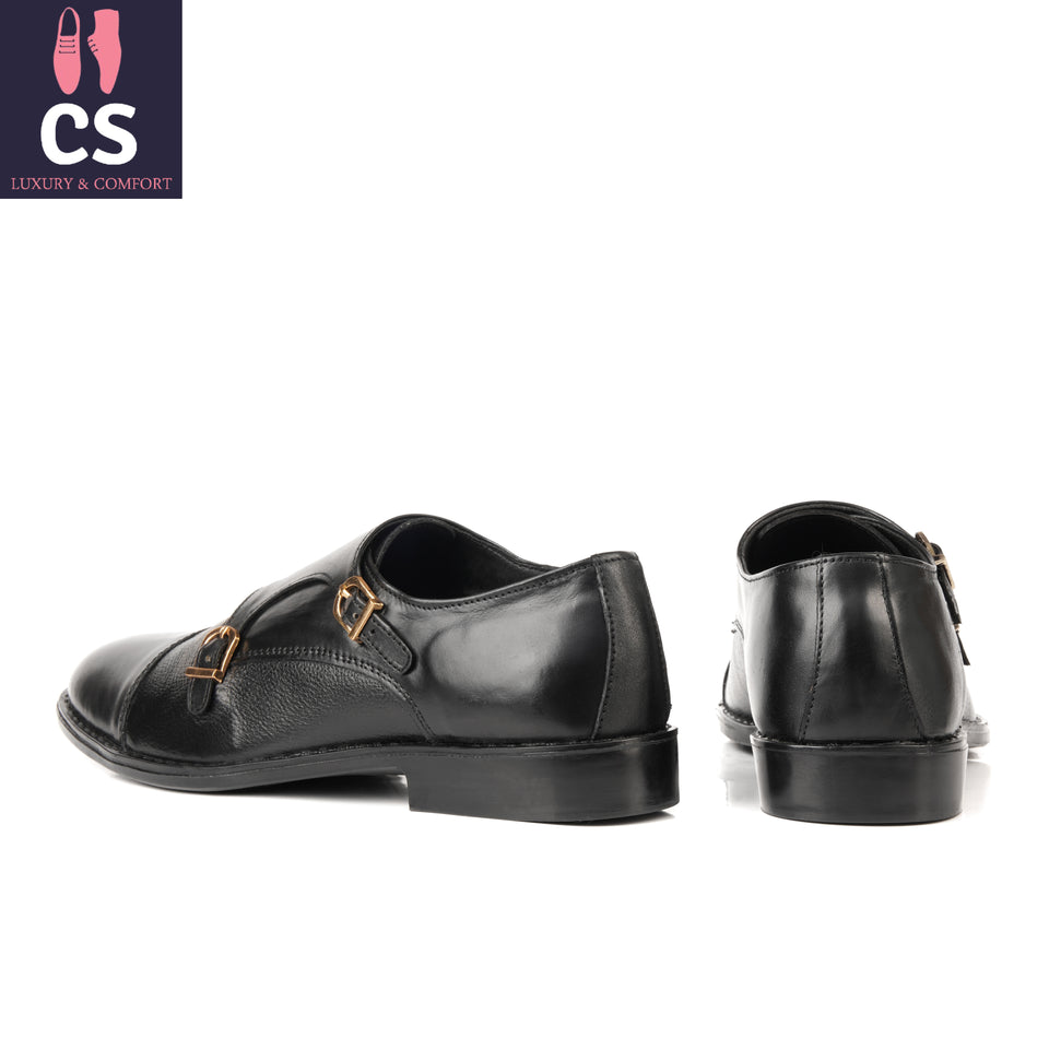 Black Rubber Sole Cow Leather Formal Double Monk Style
