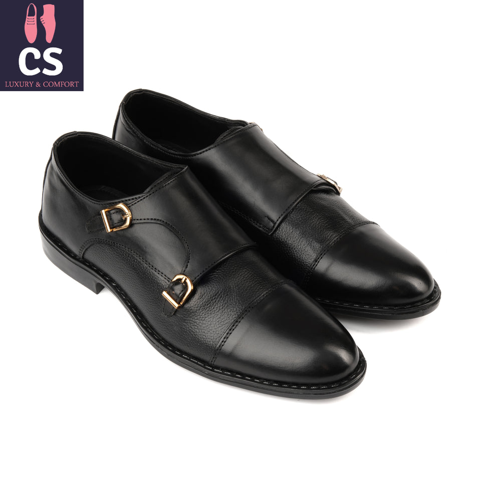 Black Rubber Sole Cow Leather Formal Double Monk Style