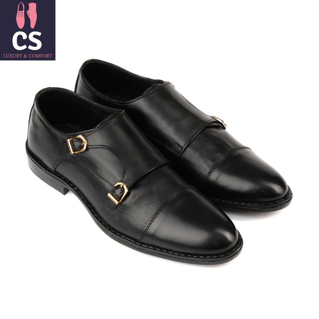 Black Rubber Sole Cow Leather Formal Double Monk Style